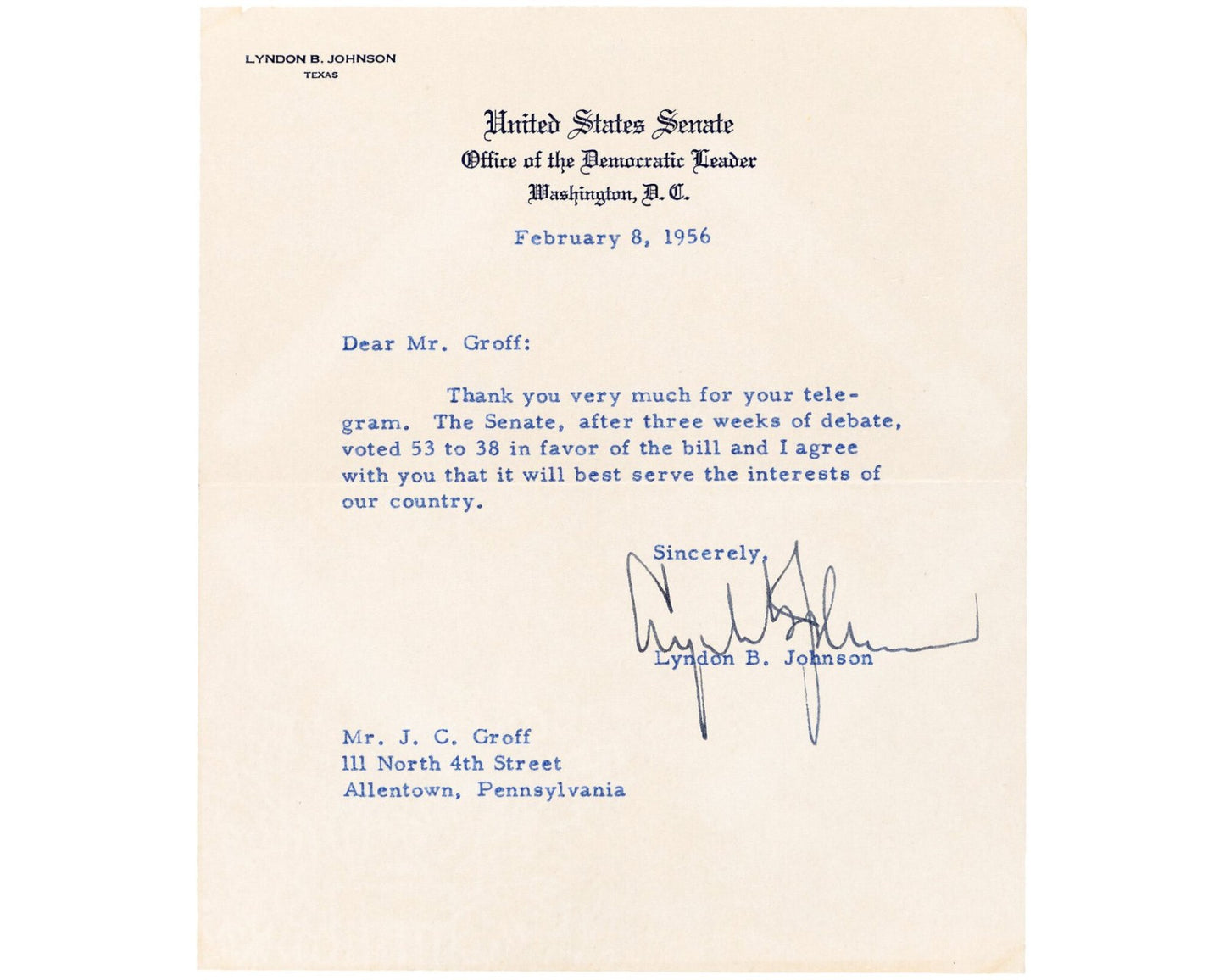 President Lyndon B. Johnson Signed Letter on Natural Gas Deregulation Bill JSA