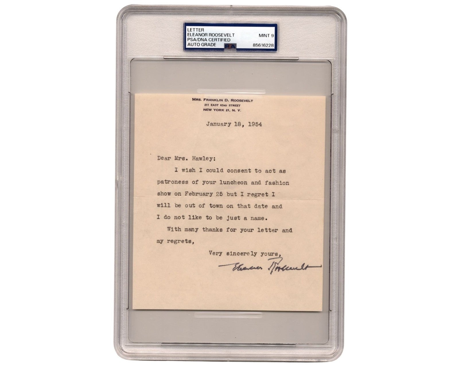 Eleanor Roosevelt Signed Letter PSA Mint 9 Auto President FDR's Wife
