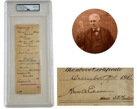 THOMAS EDISON Signed Stock Certificate Cut Signature PSA Gem Mint 10 Auto