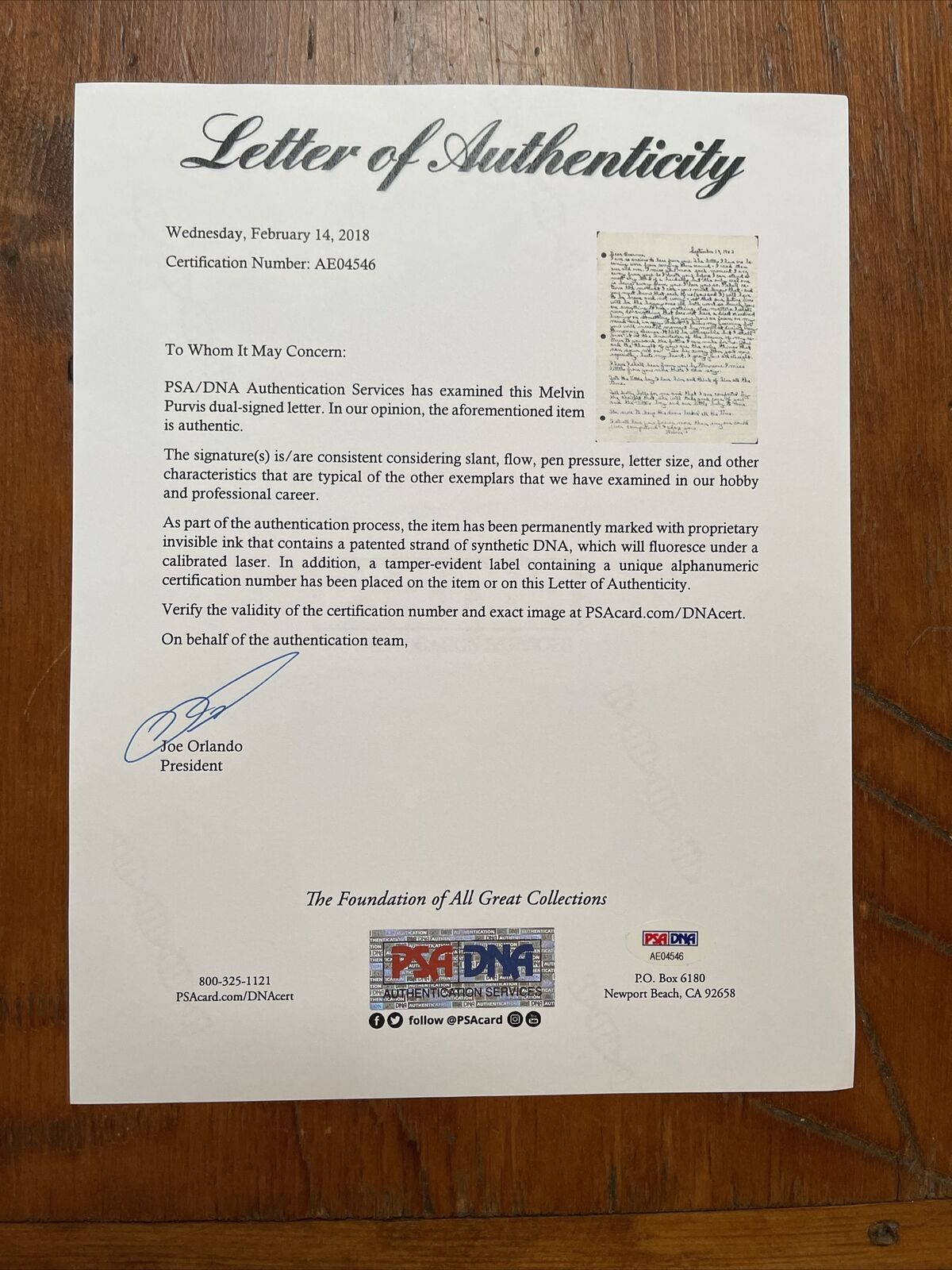 Melvin Purvis FBI Agent Lead on Dillinger & Baby Face Nelson Signed Letter PSA