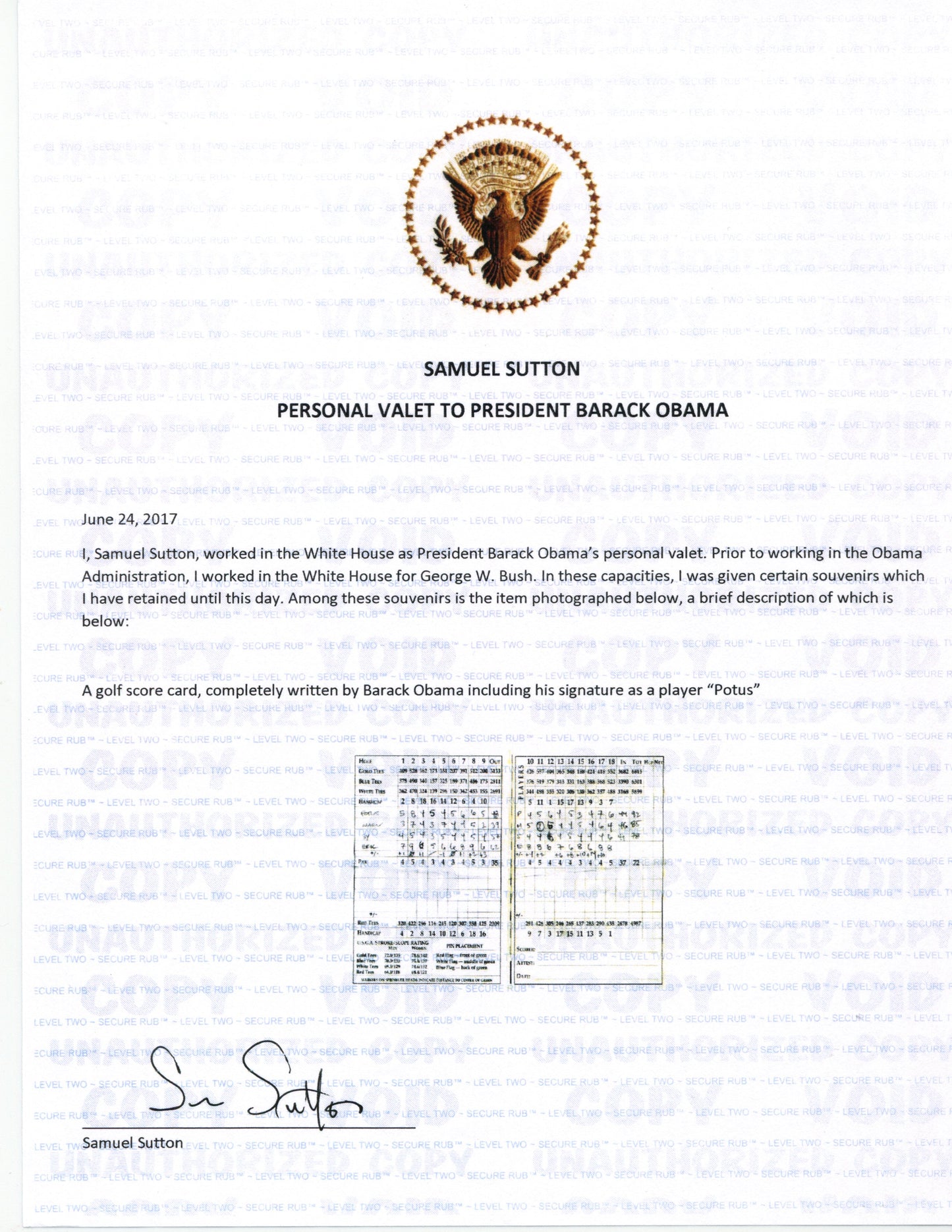 Samuel Sutton White House Valet Certificate for Golf scorecard