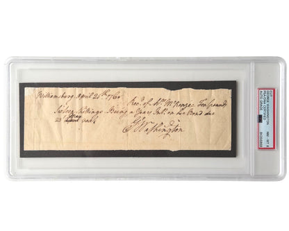 George Washington Signed "Williamsburg" Receipt - A Rare Early Example of 28 Year Old Washington! PSA 8