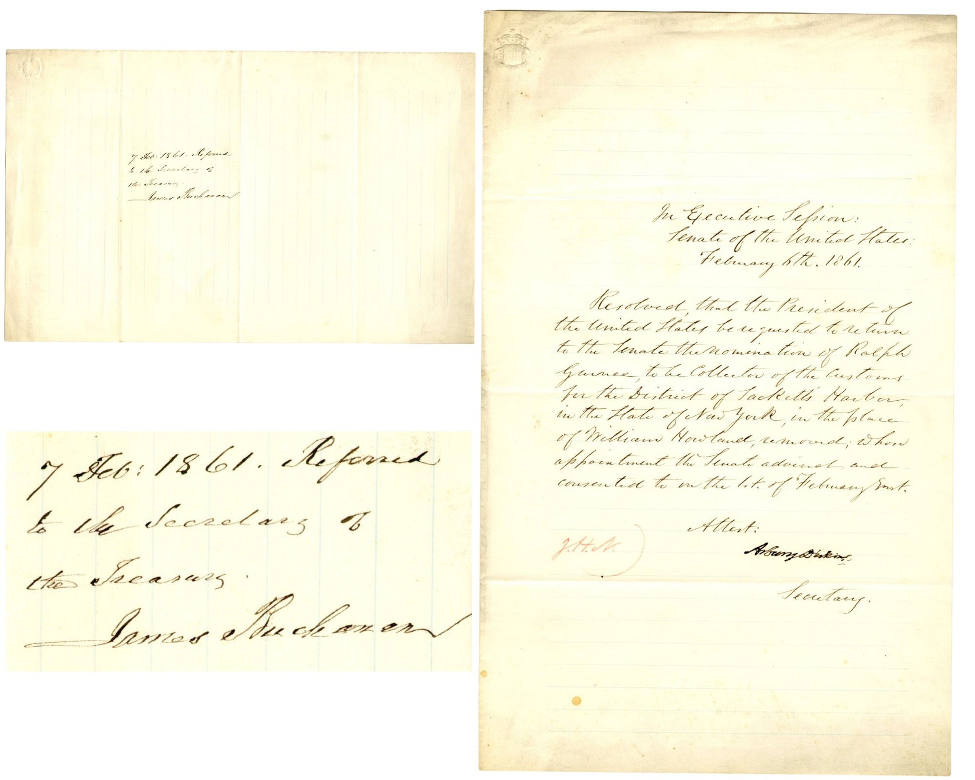 Three historical documents with handwritten text on aged paper. Signed by Buchanan