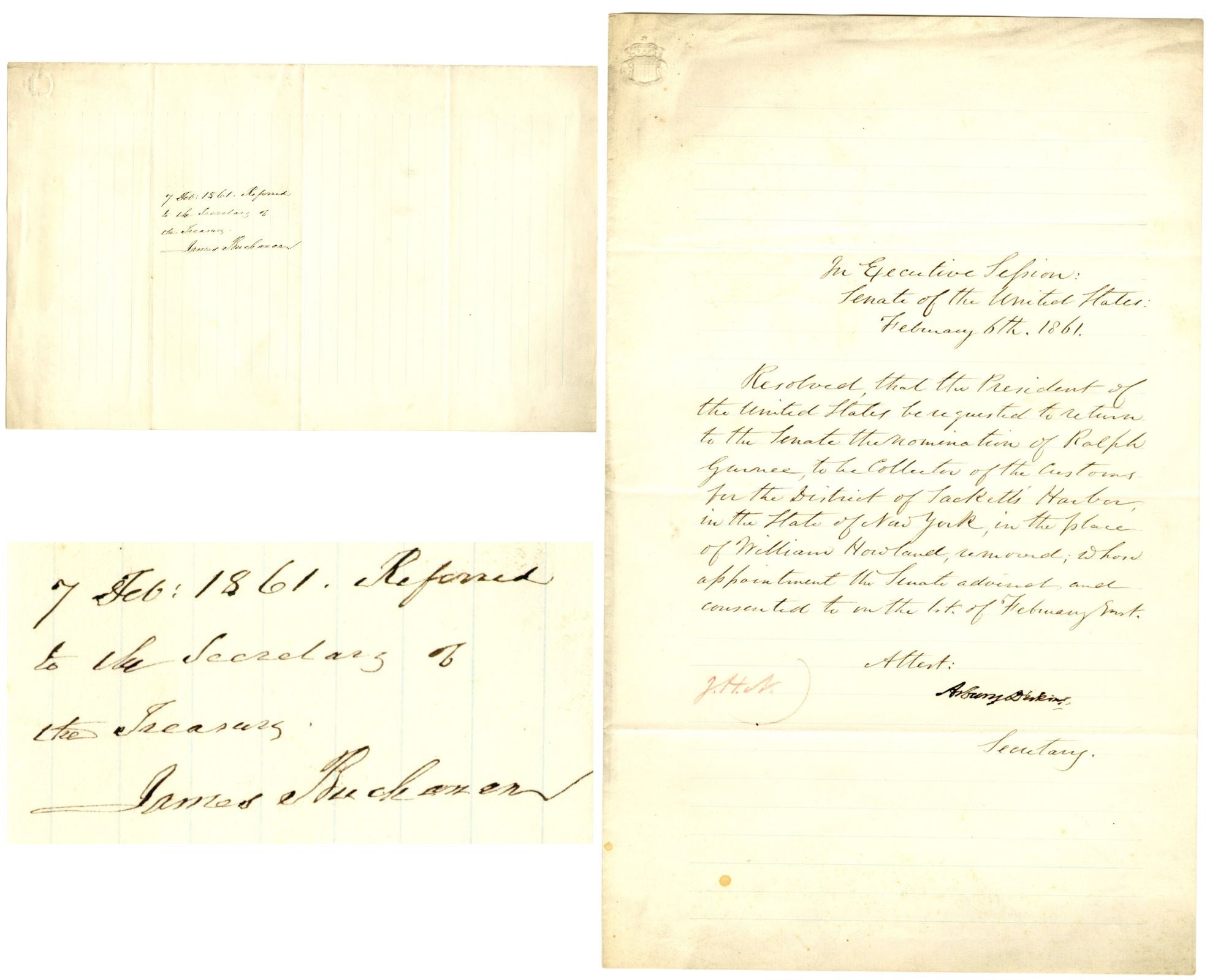 Three historical documents with handwritten text on aged paper. Signed by Buchanan