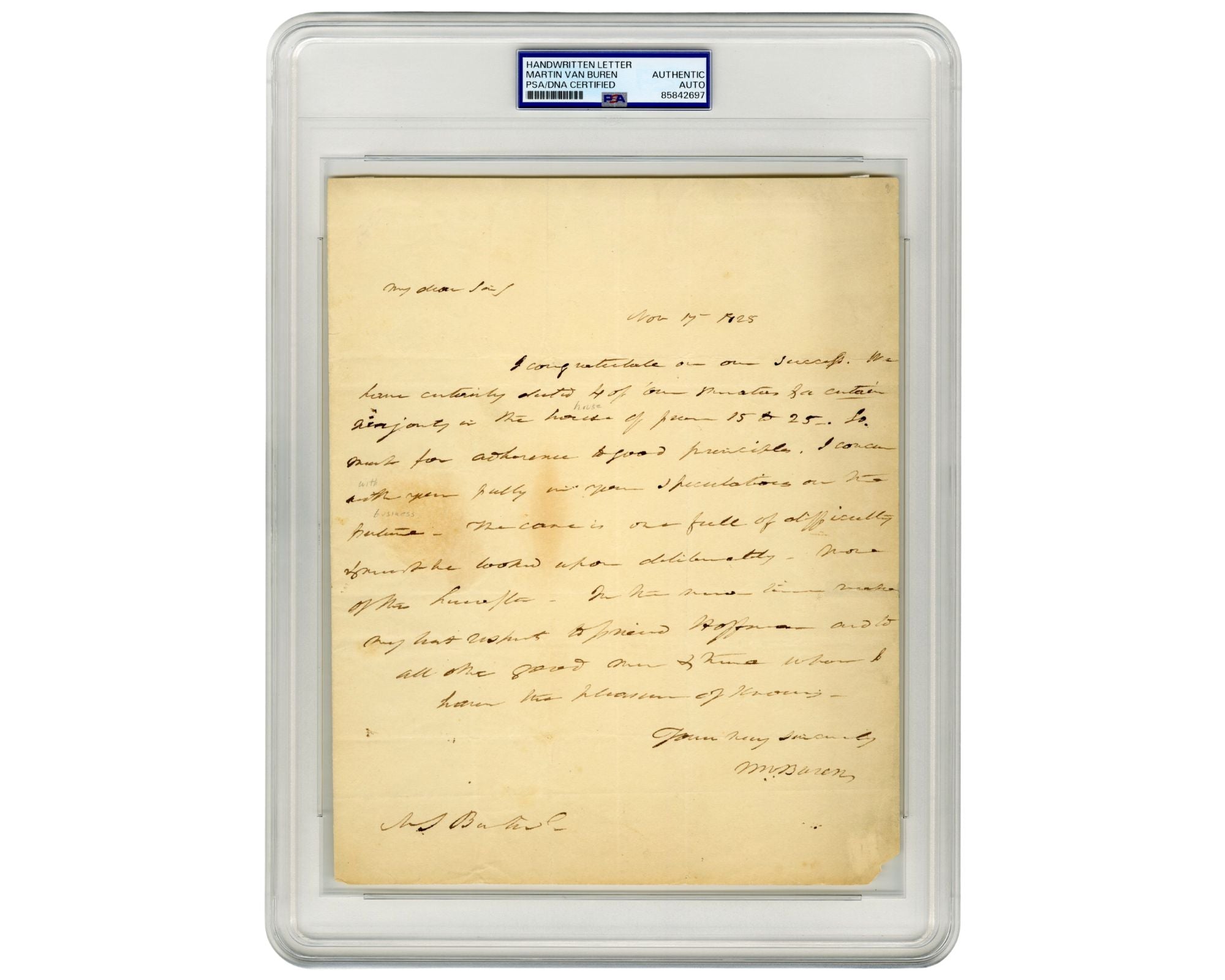 President Martin Van Buren Early Signed Letter on House Majority in NY! PSA Auto
