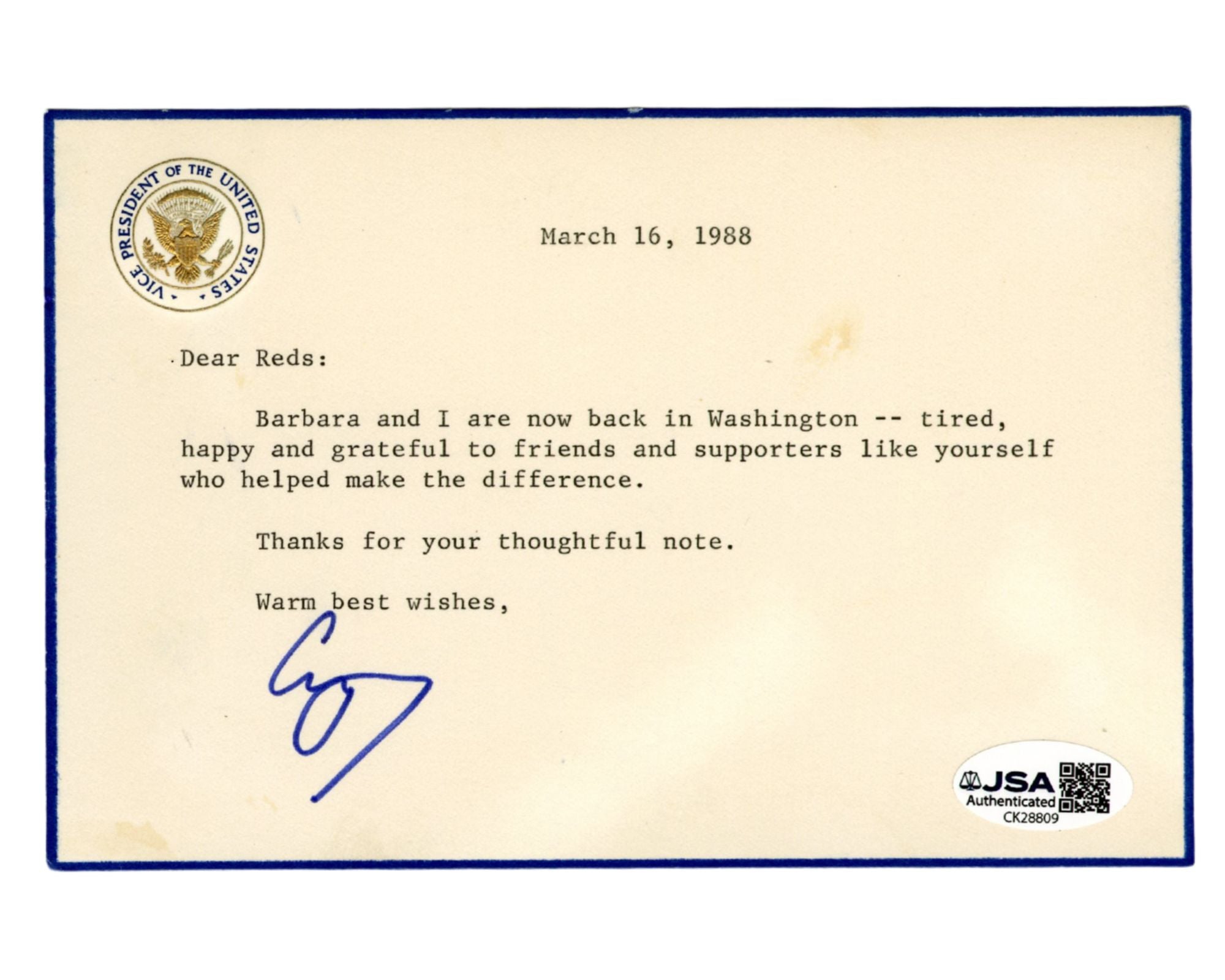 Vice President George H. W. Bush Signed Letter JSA Auto