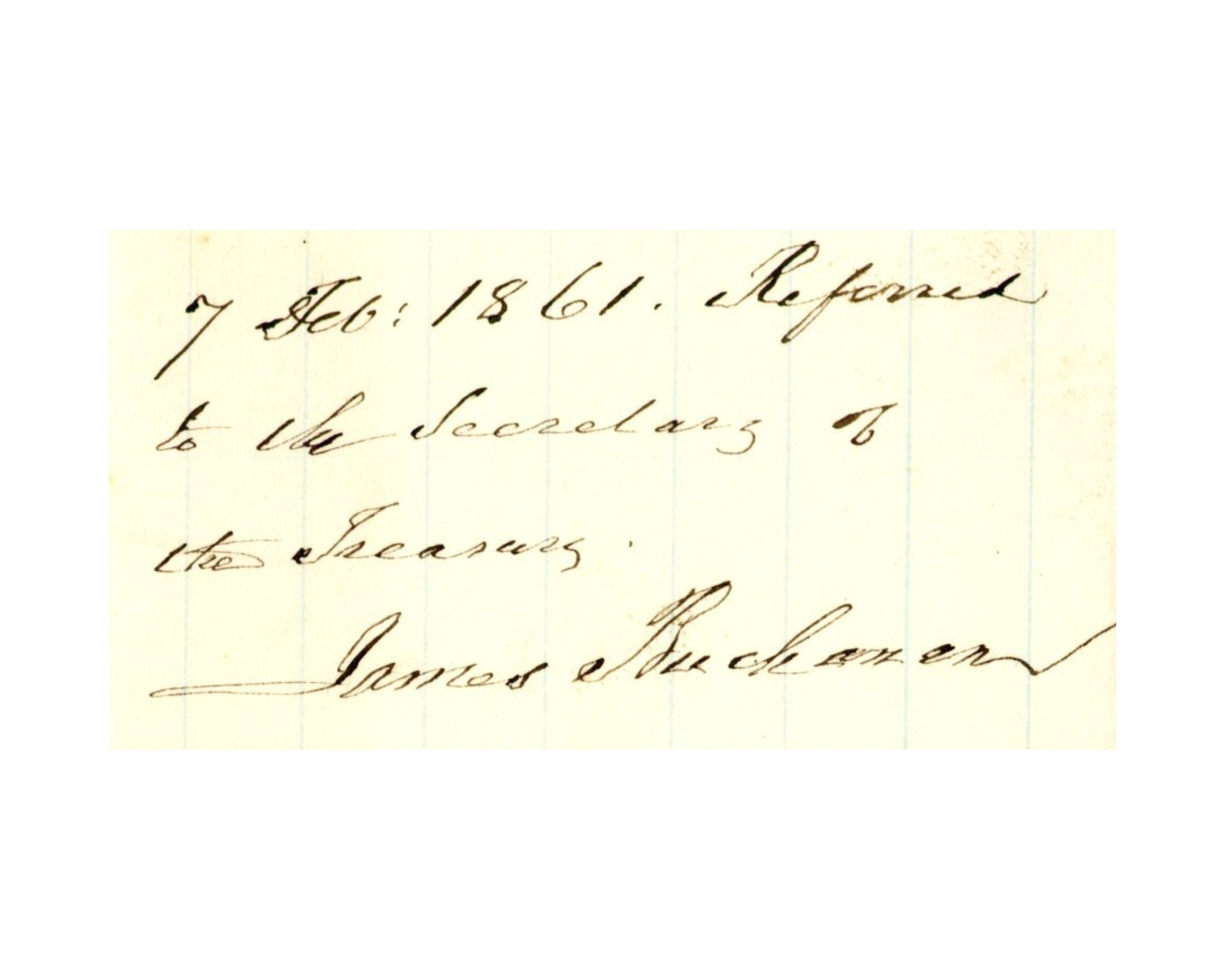 Handwritten text on a yellowed paper with James Buchanan signature at the bottom.