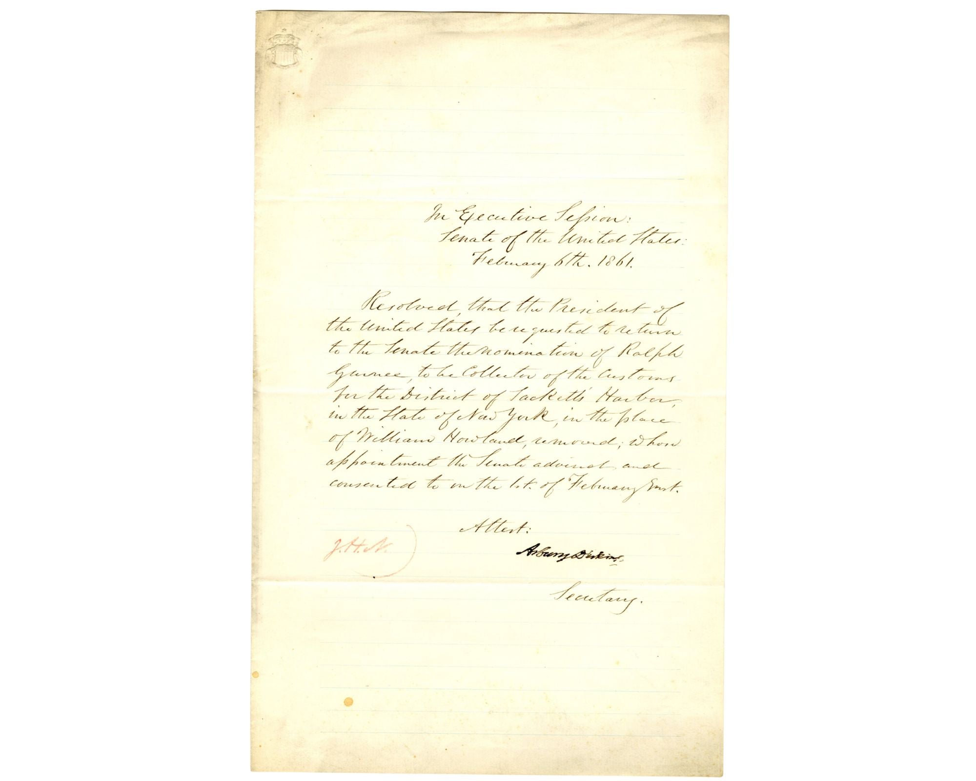 Letter from the Executive Office of the President of the United States dated February 6, 1861.