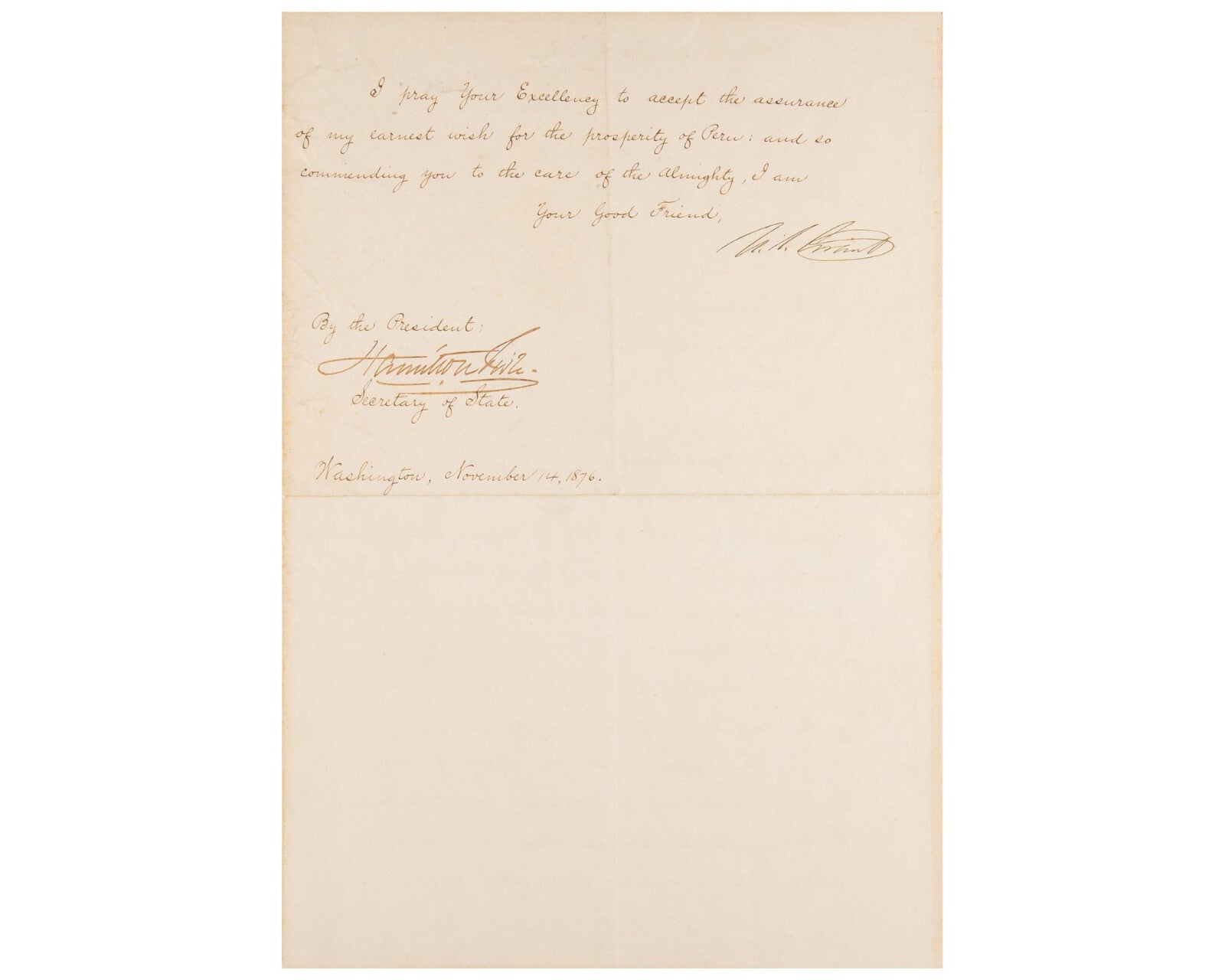 President ULYSSES S. GRANT Rare Diplomatic Signed Letter To Peru Pres. PSA