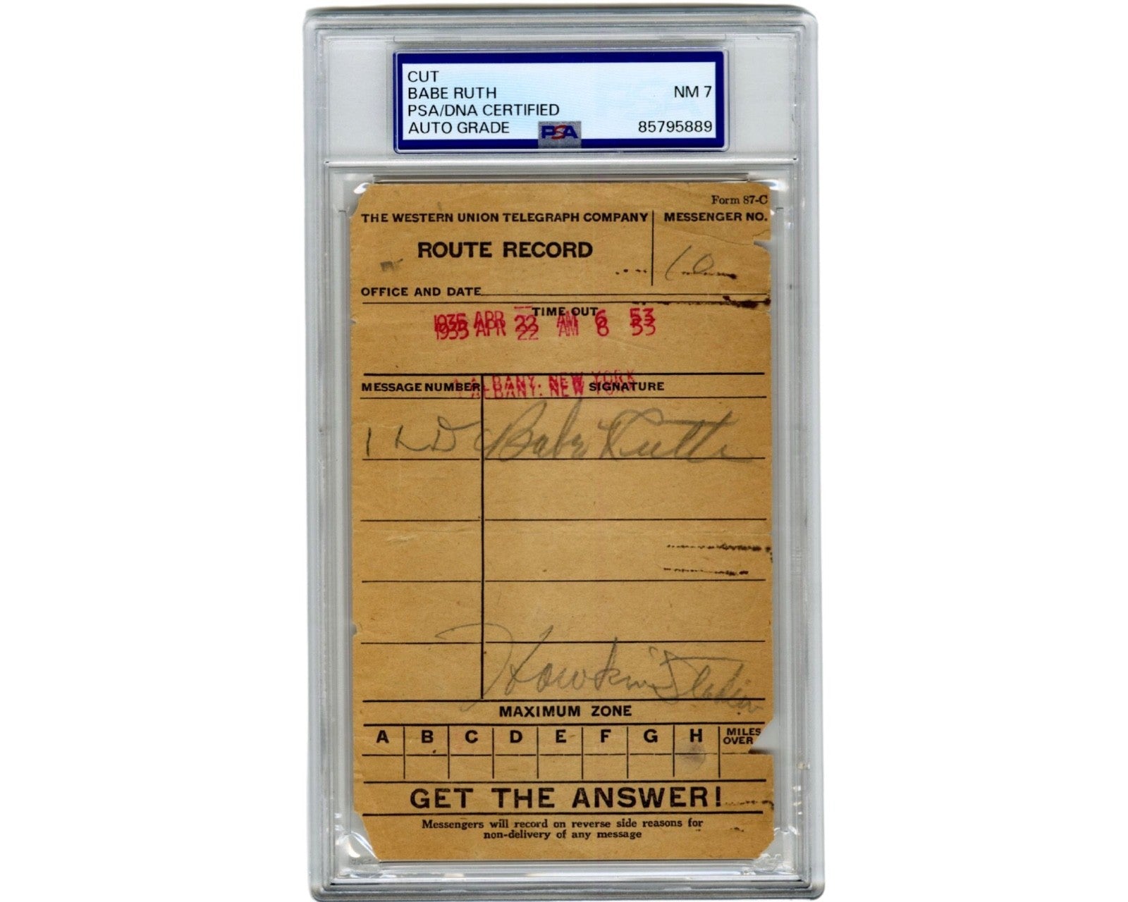 Yankee Icon Babe Ruth Bold Signed Western Union Cut from Final MLB Season PSA 7