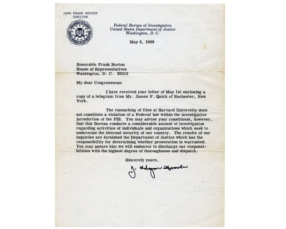 Bydir Letter FBI Dir. J. Edgar Hoover Signed Letter on Harvard Vietnam Protest PSA ...
