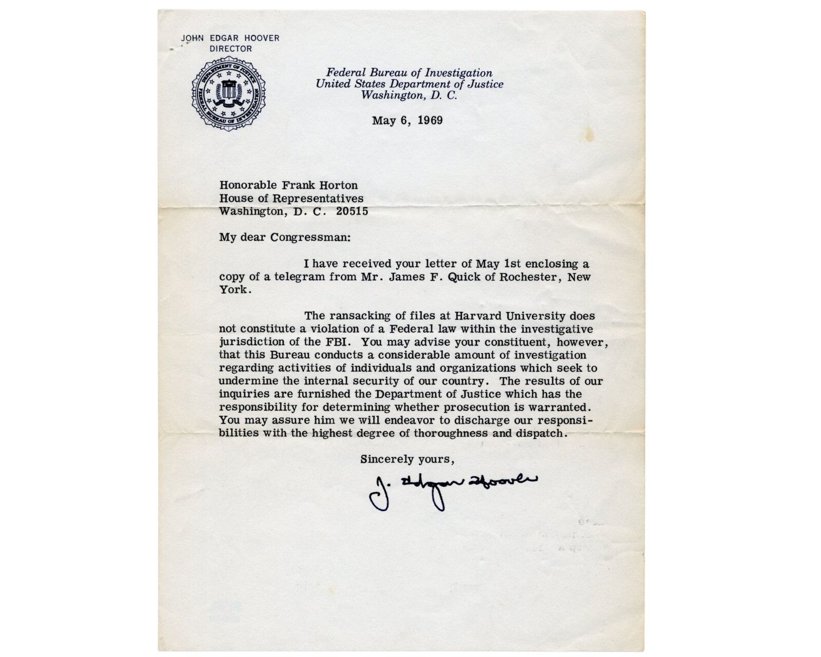 FBI Dir. J. Edgar Hoover Signed Letter on Harvard Vietnam Protest PSA