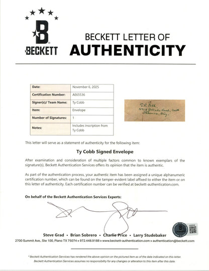 Ty Cobb Signed Envelope Addressed to North Carolina PSA & BAS (Beckett) Auto