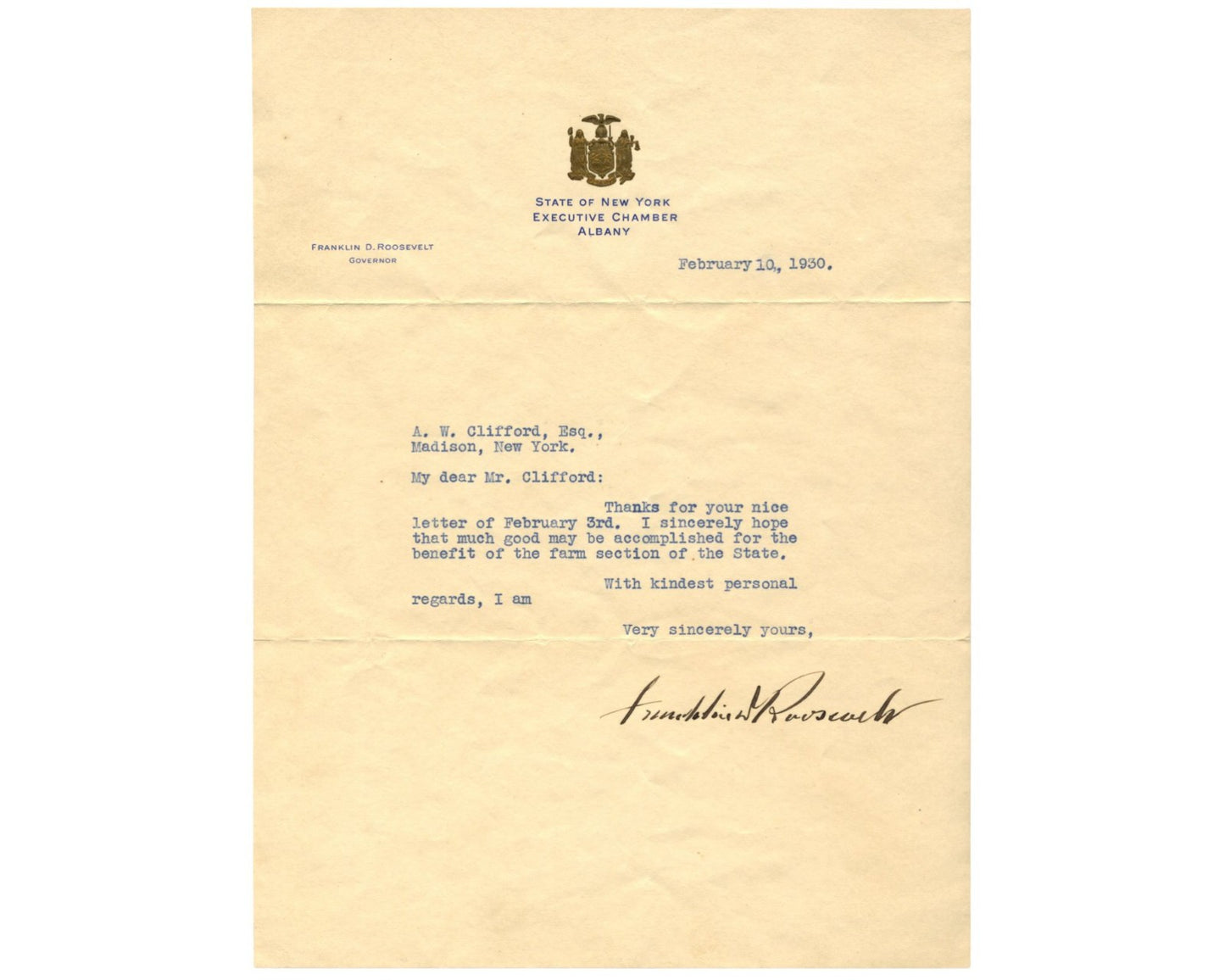 President Franklin D. Roosevelt Signed Letter as Governor of NY PSA Auto