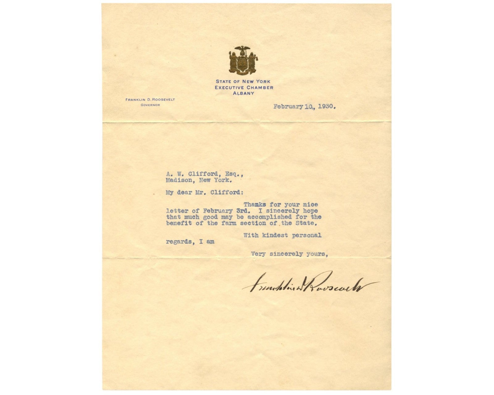 President Franklin D. Roosevelt Signed Letter as Governor of NY PSA Auto