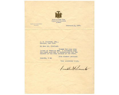 President Franklin D. Roosevelt Signed Letter as Governor of NY PSA Auto