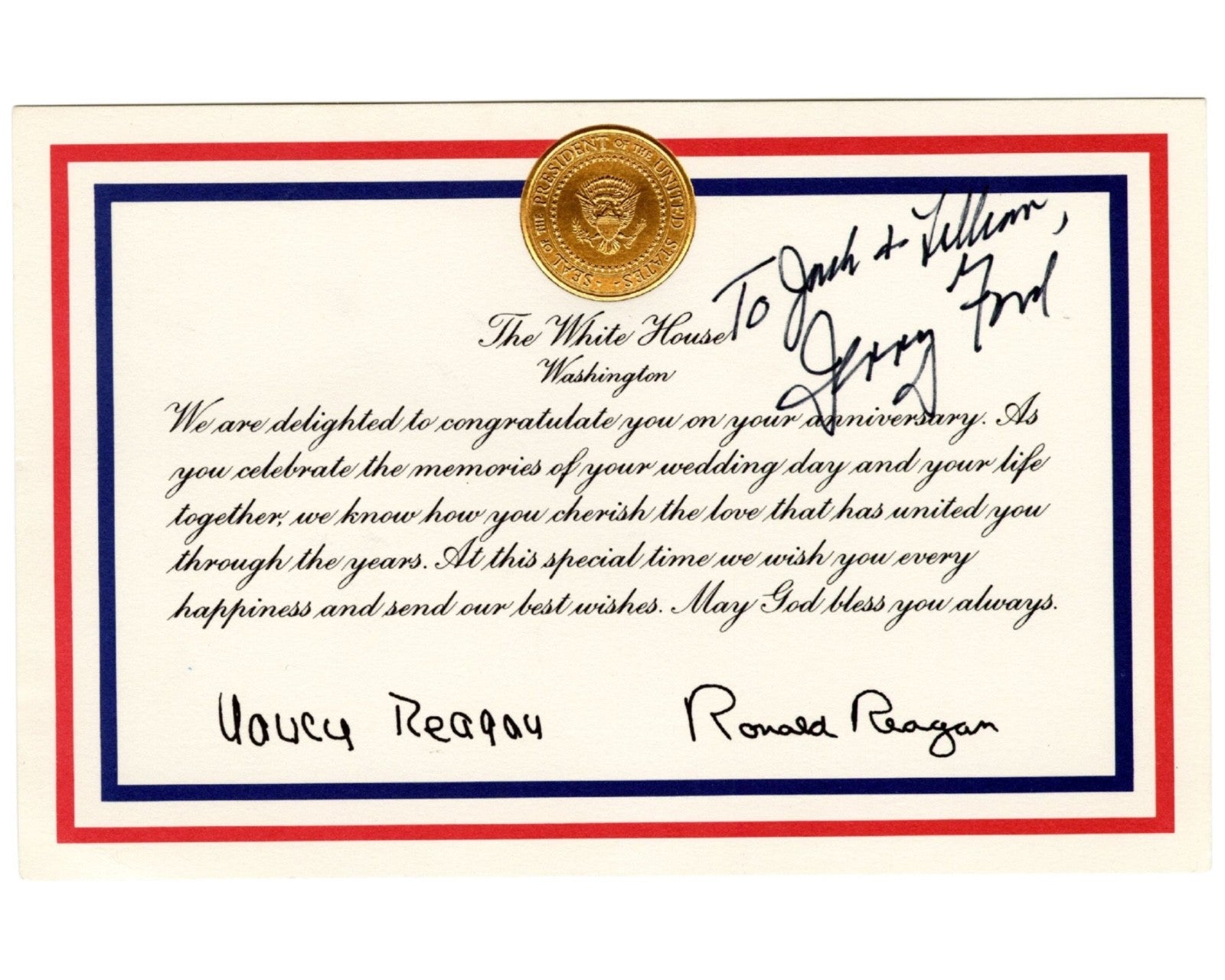 President Gerald Ford Signed Unusual Reagan Era Congratulatory Doc PSA Auto