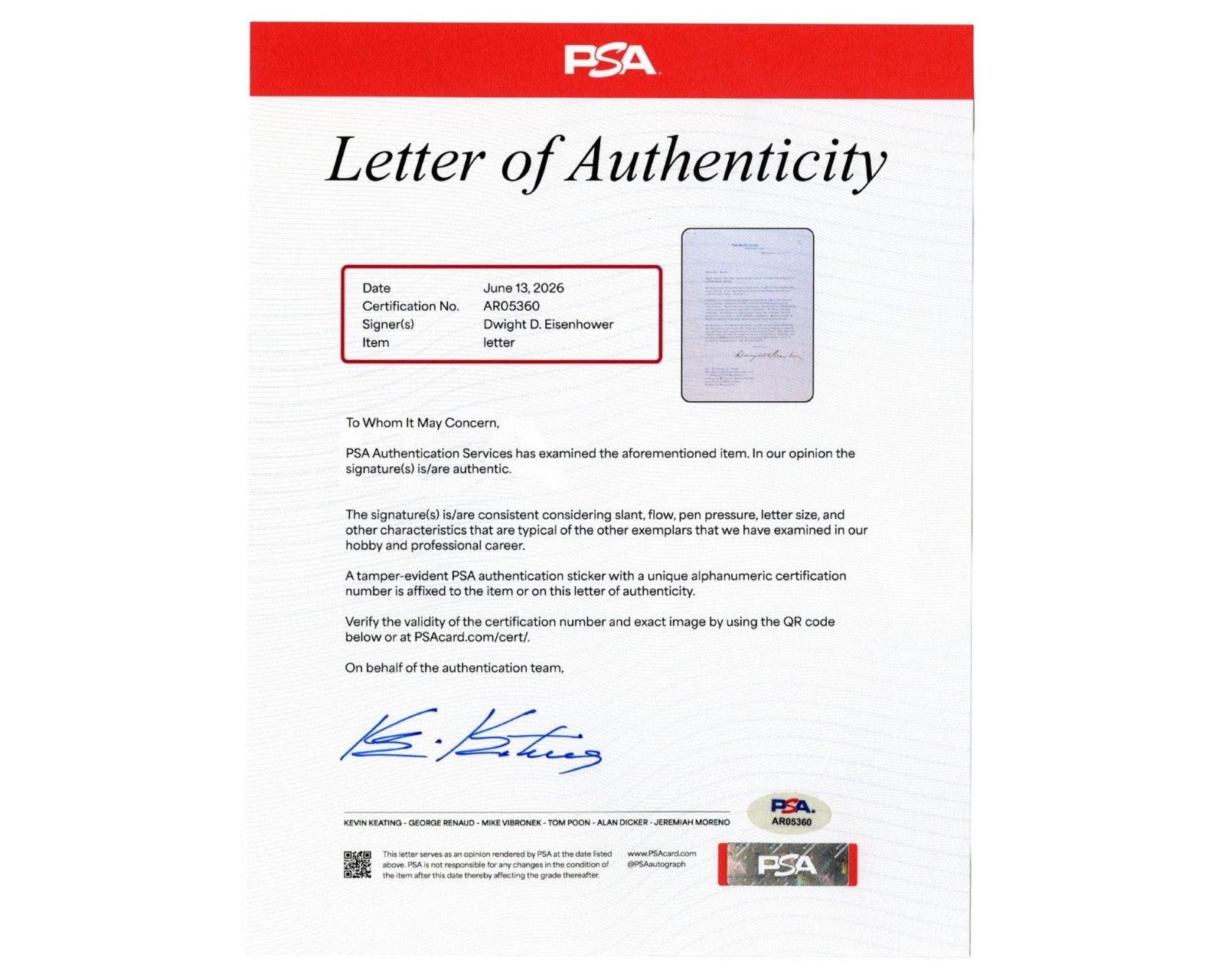 Dwight Eisenhower Signed Letter Pledging to Help Farmers w/ US Policy PSA