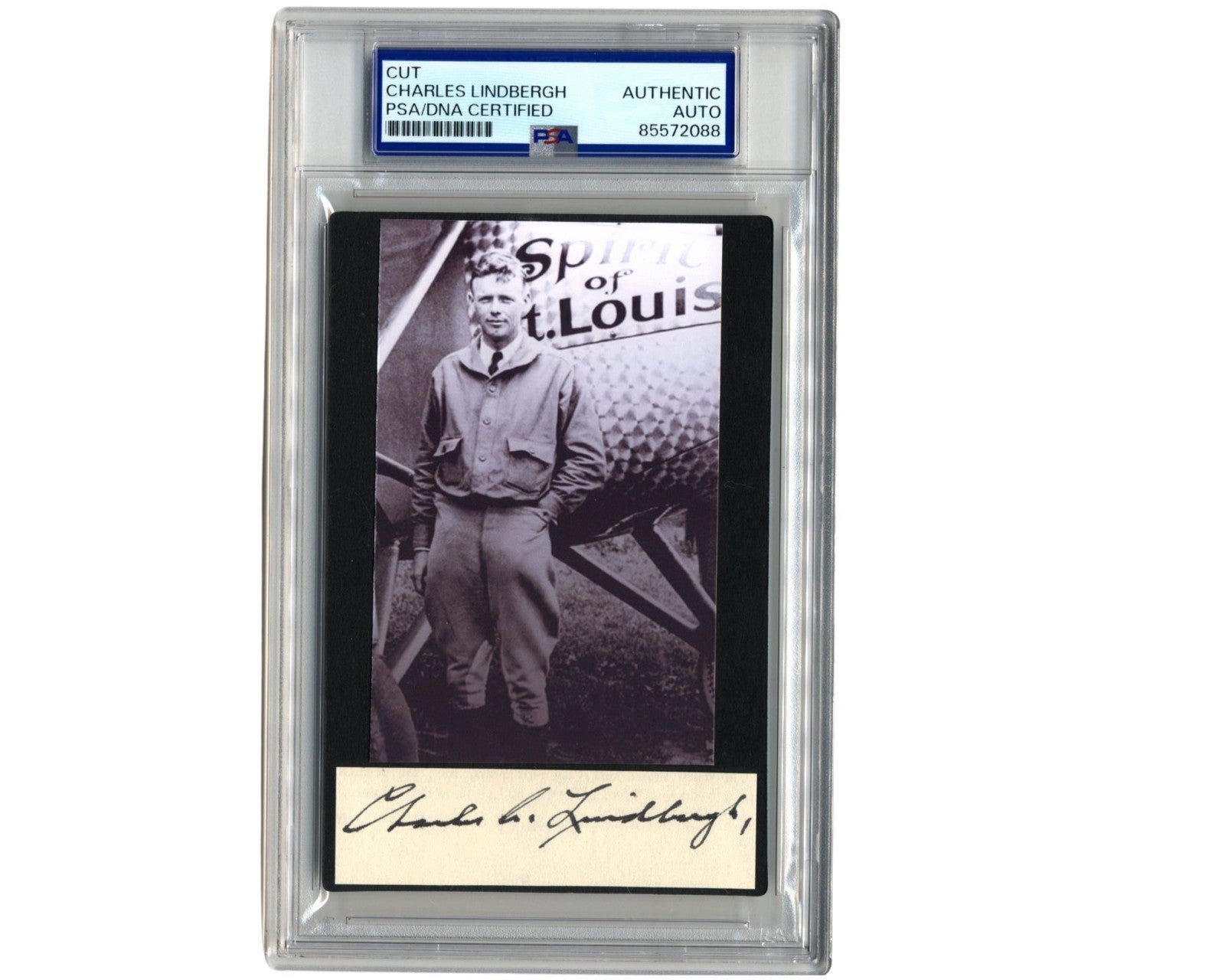 Aviator Charles Lindbergh Signed Cut Display in front Spirit of St. Louis! PSA