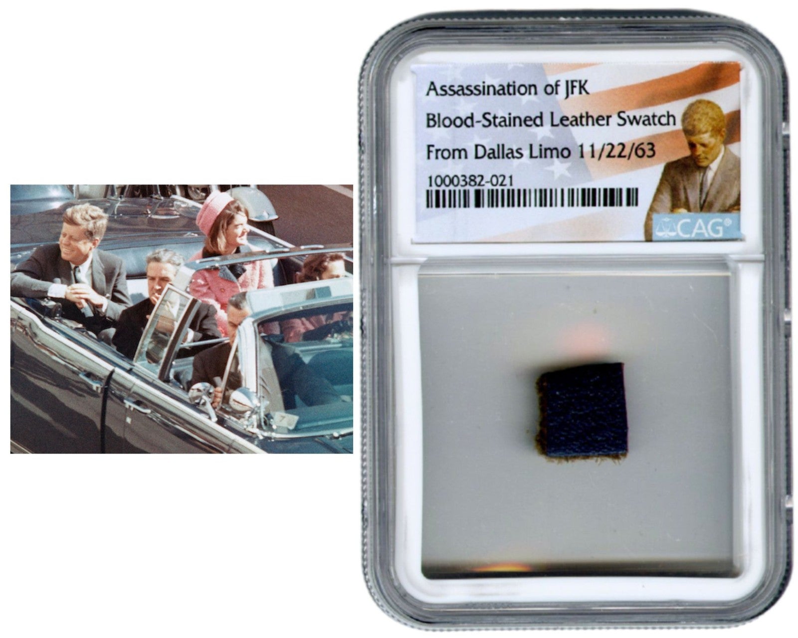 John F. Kennedy Blood-Stained Leather Swatch from Dallas Limo. CAG Encapsulated
