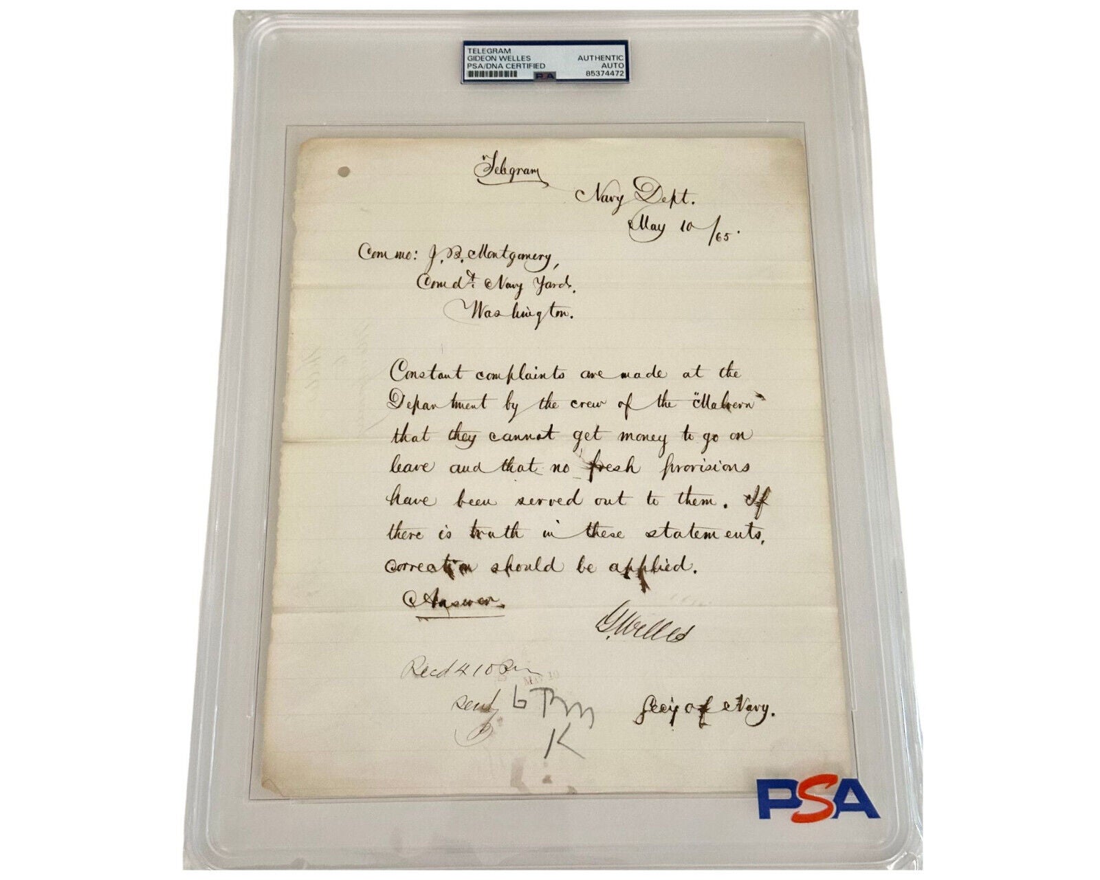 Lincoln's Sec. Navy GIDEON WELLES PSA Signed Civil War Telegram -Navy Complaints