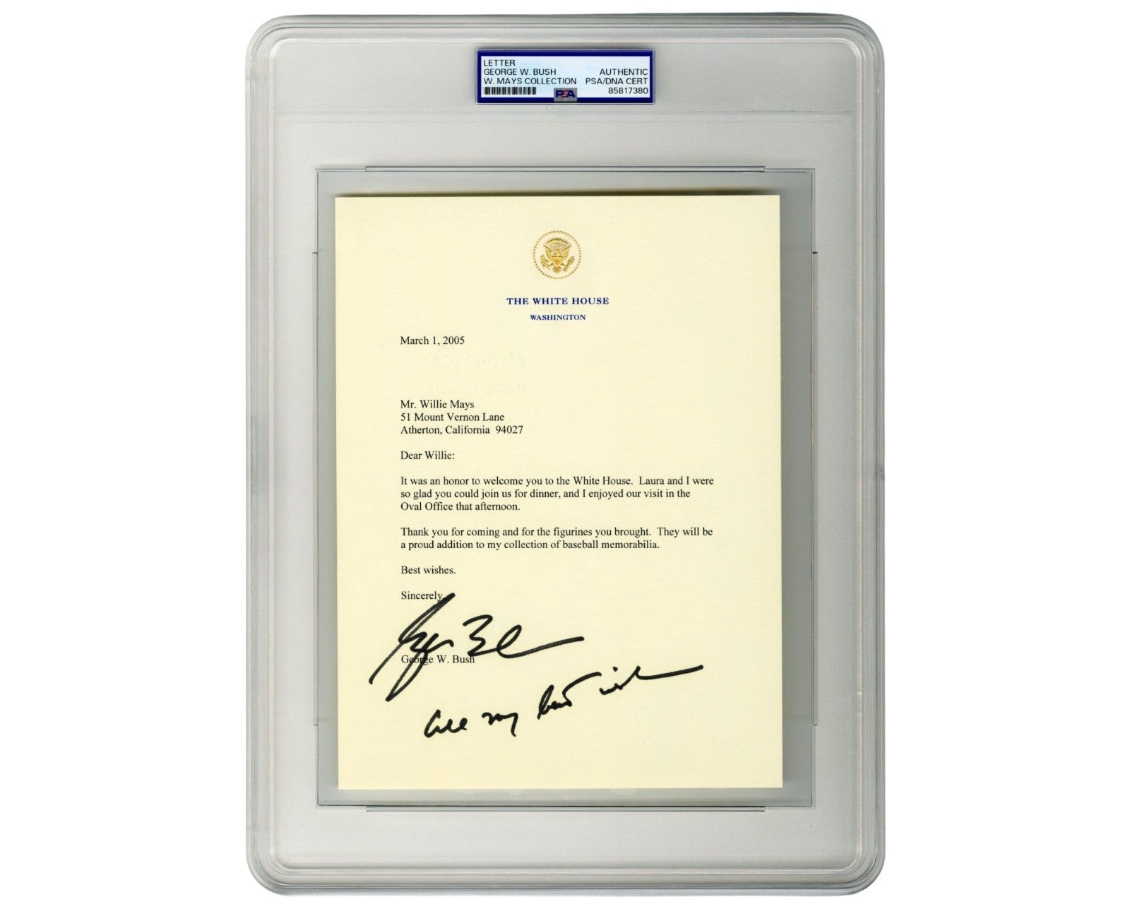 President George W. Bush Signed White House Letter to Willie Mays PSA Auto