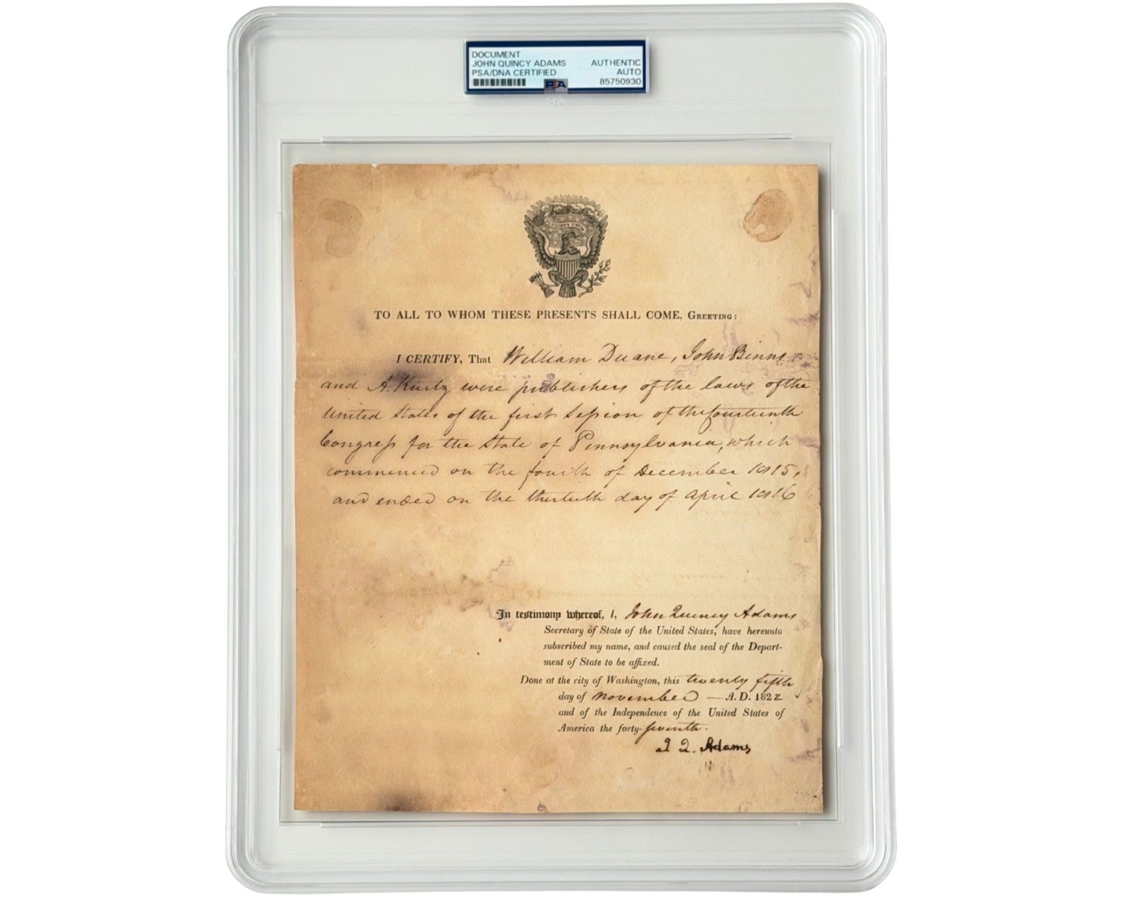 John Quincy Adams Publishes US Laws In PA, Incl. Second Bank of US Charter! PSA