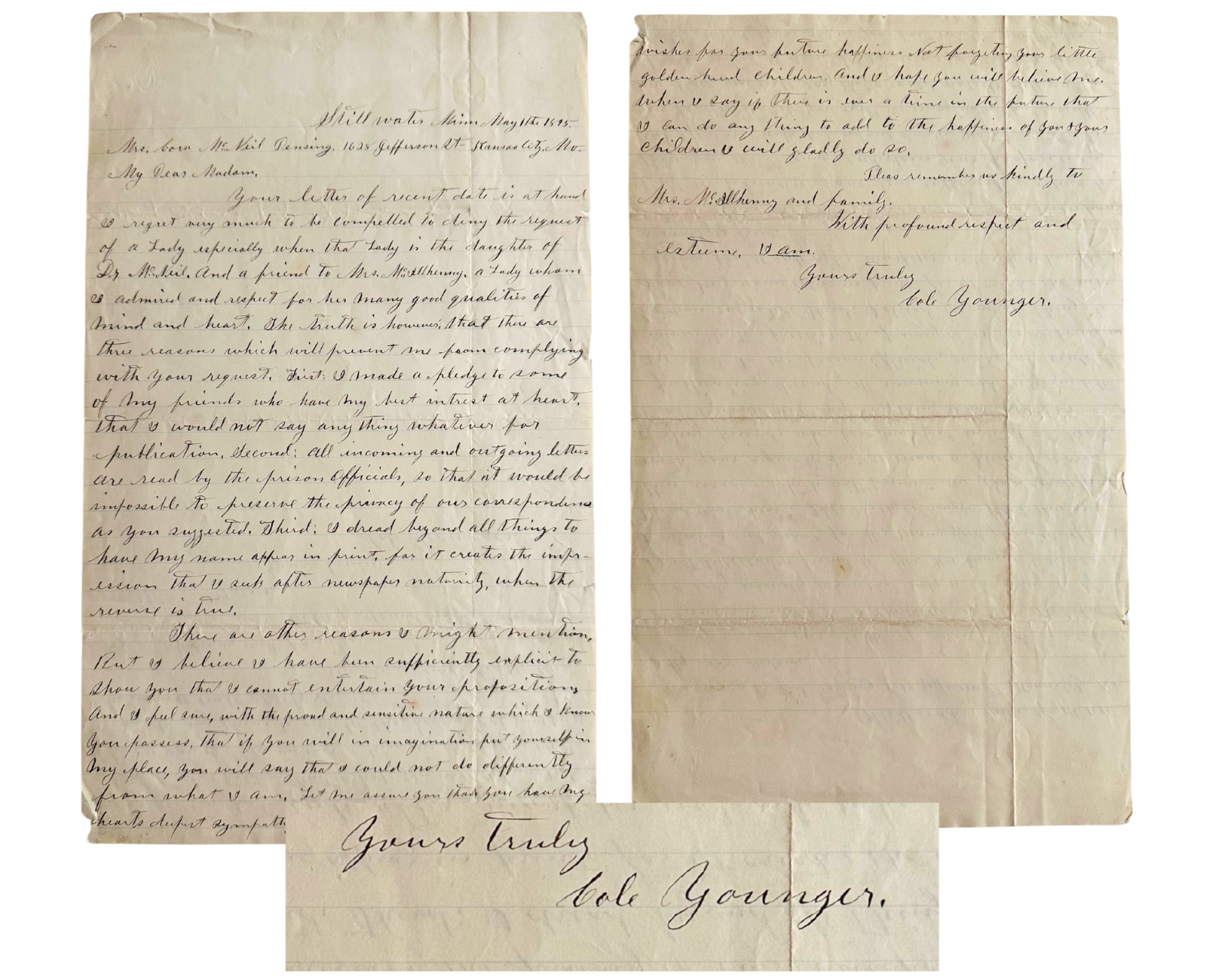 Outlaw COLE YOUNGER Rare Signed Letter from Prison!