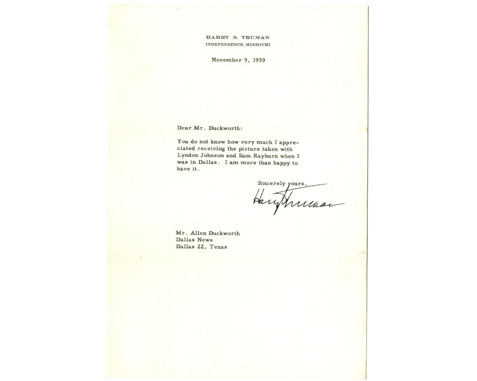 President Harry Truman Signed Letter on Lyndon Johnson Dallas Photograph! PSA