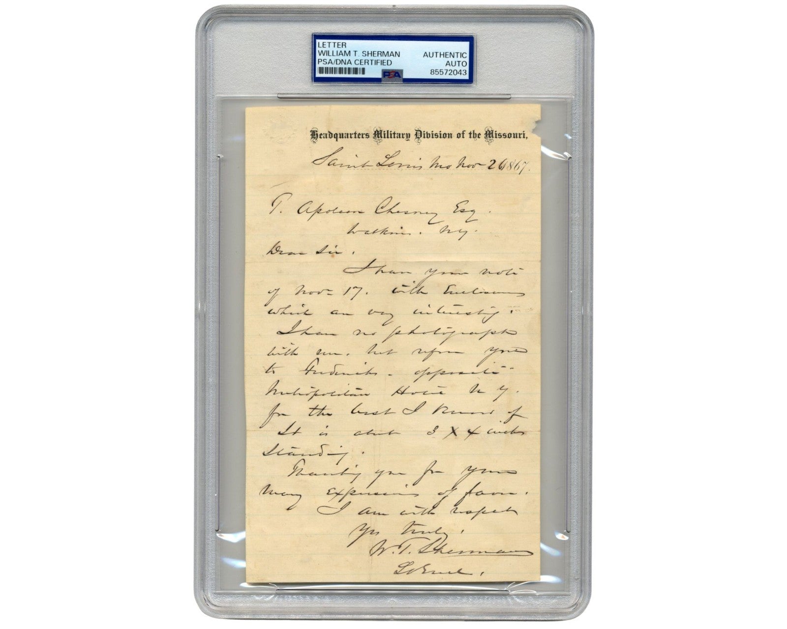General W.T. SHERMAN Signed Letter on Fredericks St. Cabinet Card & NY Hotel PSA
