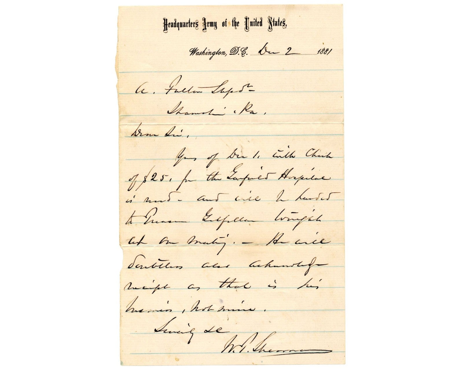 General W.T. SHERMAN Signed Letter Honors Pres. Garfield Post Assassination PSA