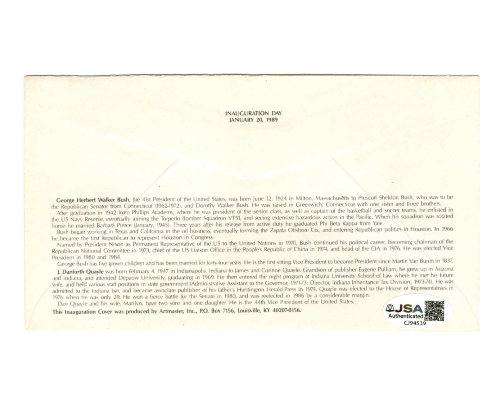 President George H. W. Bush & Dan Quayle Signed Inauguration Cover JSA