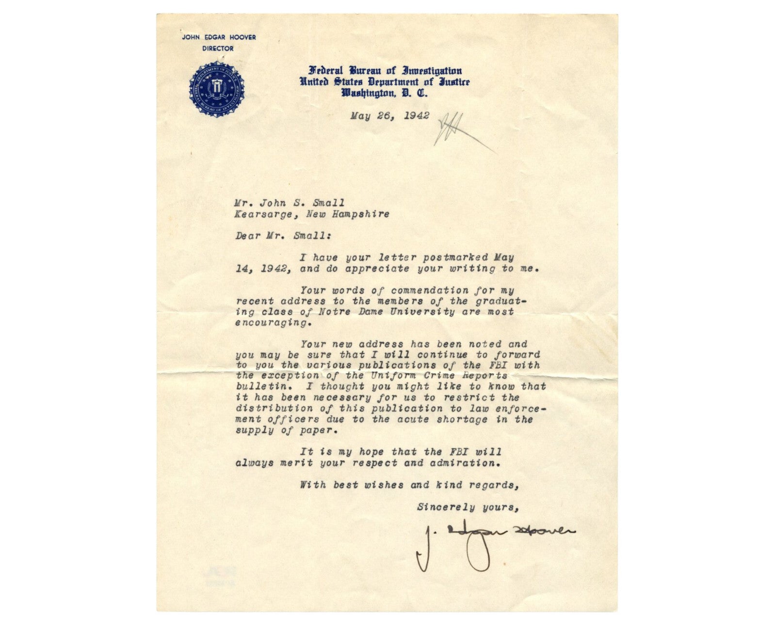 Bydir Letter FBI Dir. J. Edgar Hoover Signed Letter Notre Dame Speech & WWII Shorta ...