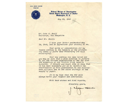 FBI Dir. J. Edgar Hoover Signed Letter Notre Dame Speech & WWII Shortages PSA