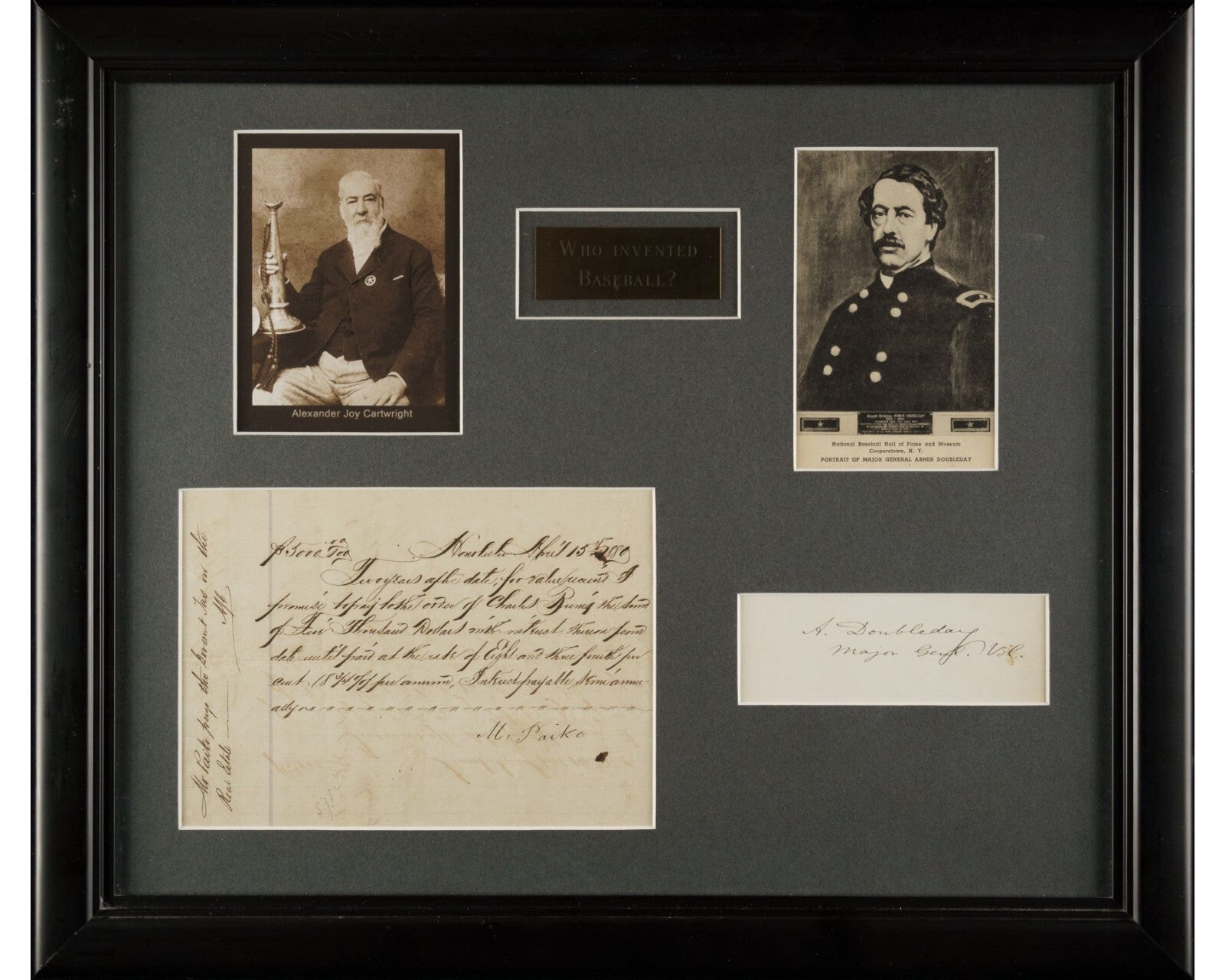 Baseball Founders ALEXANDER CARTWRIGHT & ABNER DOUBLEDAY Signed Displa ...