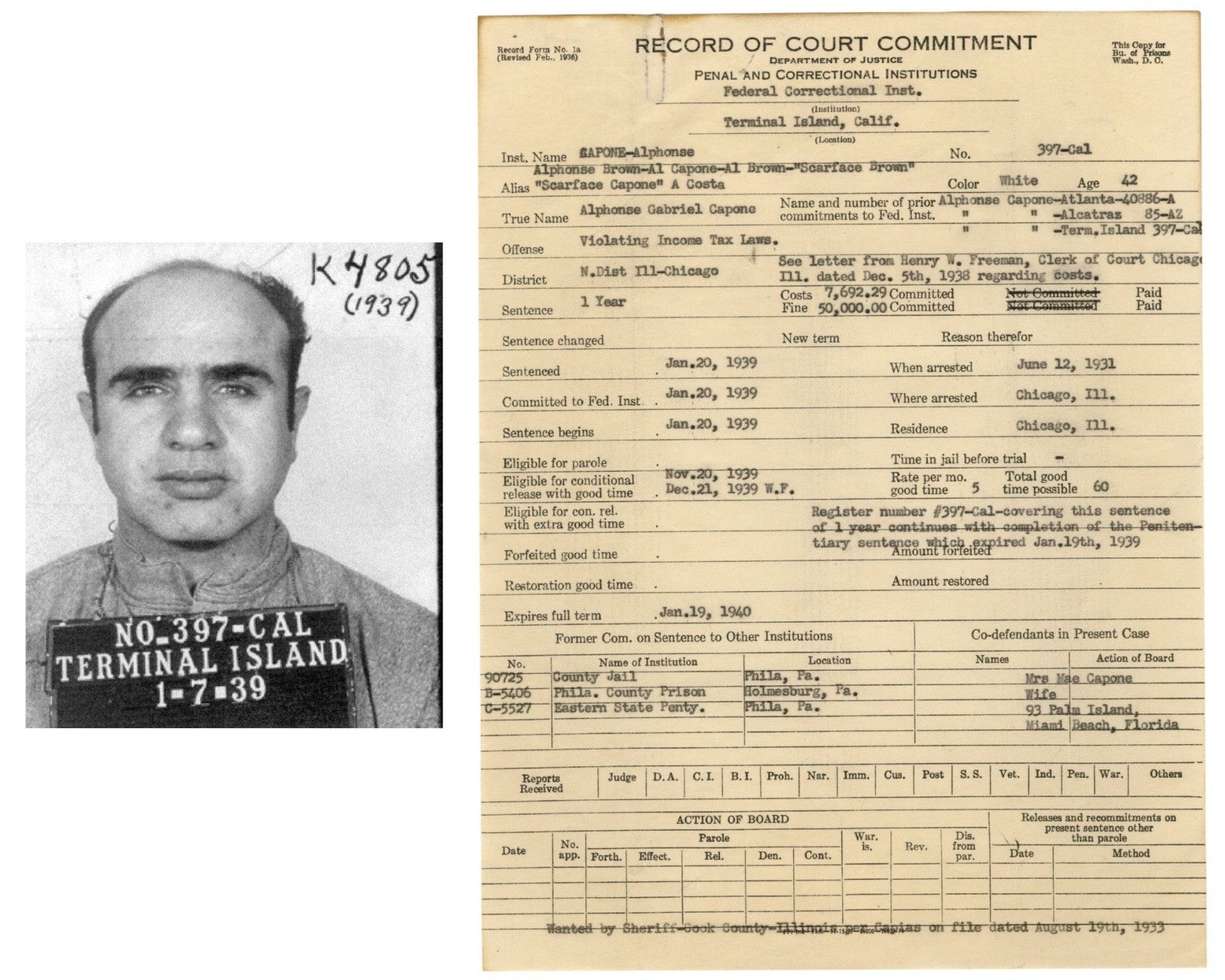 Al Capone's DOJ Transfer Doc. From Alcatraz To Terminal Island Prison