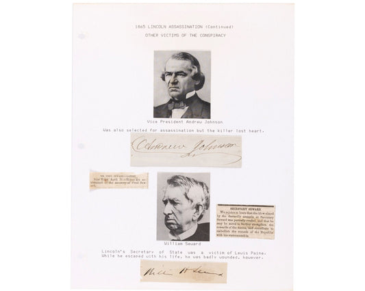 Andrew Johnson & William Seward Signed Lincoln Assassination Display JSA