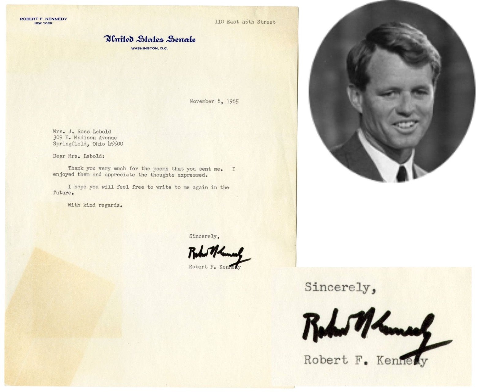 Senator Robert F. Kennedy Signed Letter Autograph JSA Bold Auto! "10 Quality?"