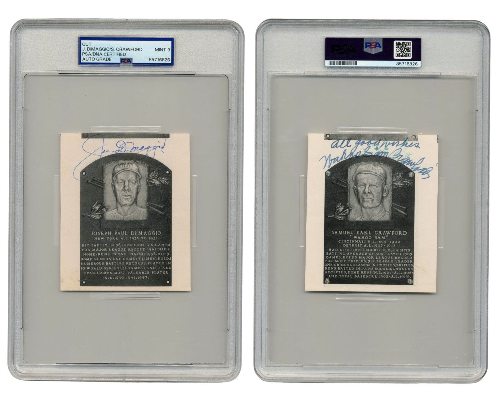 Joe DiMaggio & Sam Crawford Dual-Signed Hall of Fame Plaque Cut PSA Mint 9 Auto