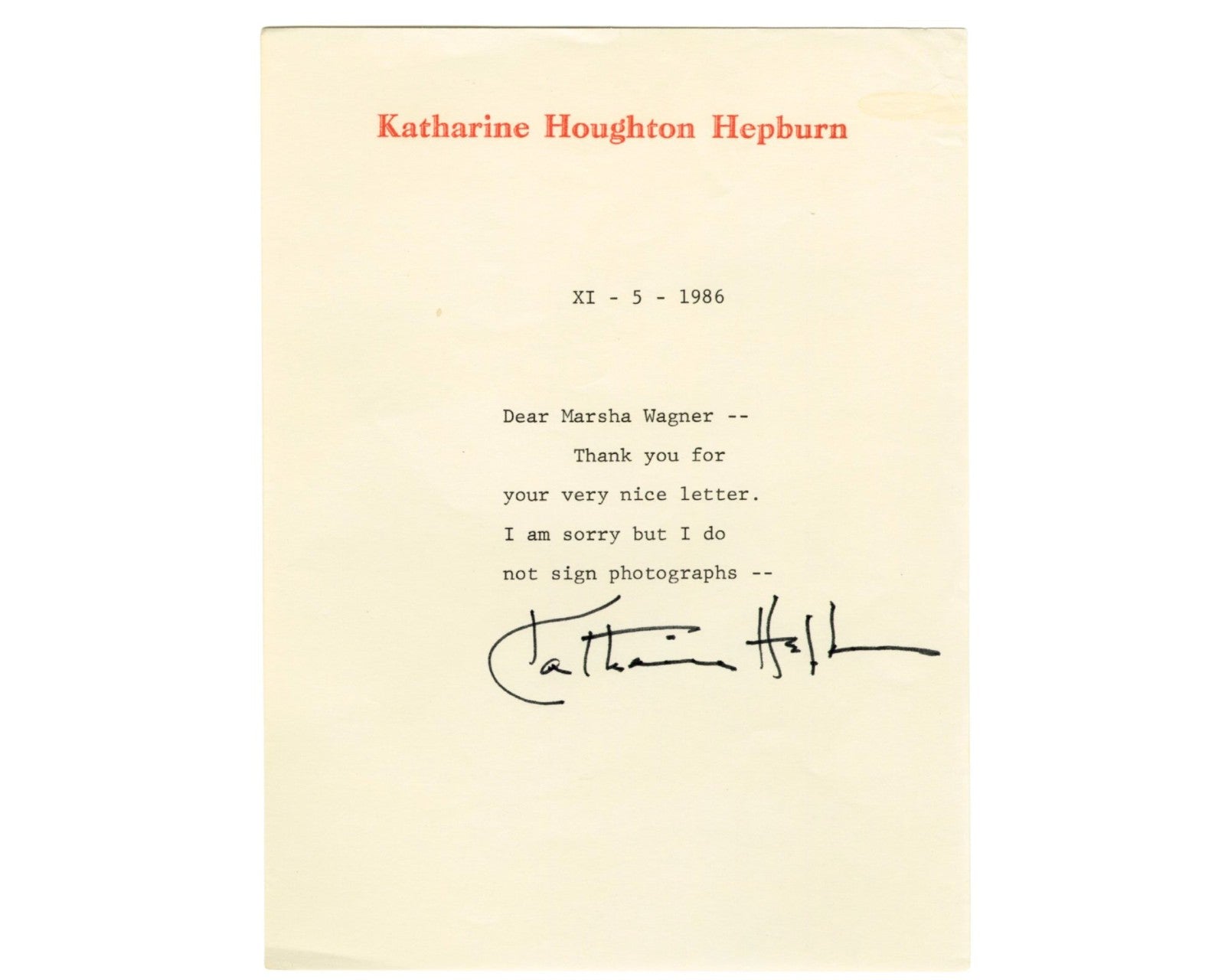 Iconic Actress Katharine Hepburn Signed Letter PSA "I do not sign photographs"