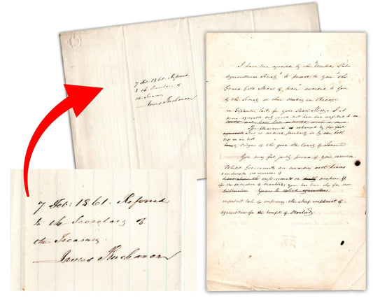 President James Buchanan Signed Endorsement to Sec of Tres on Eve Of War PSA