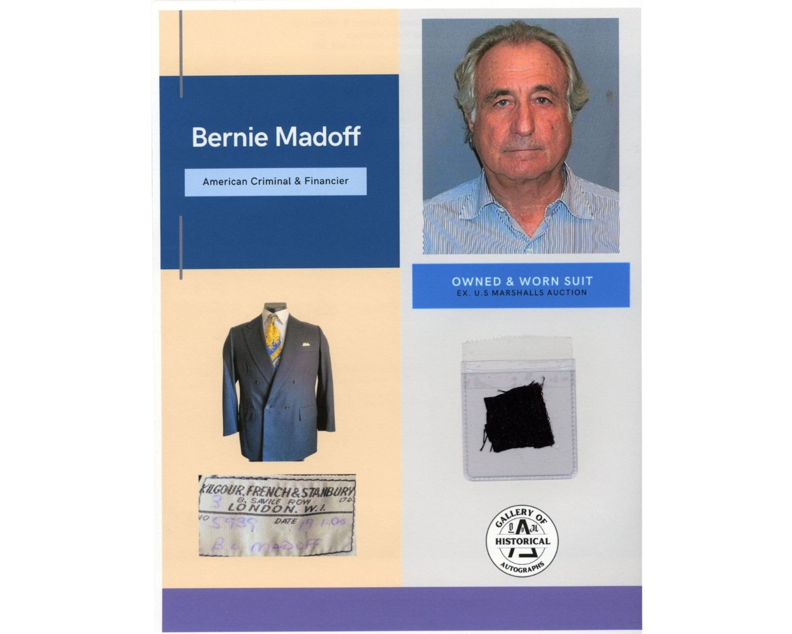 Bernie Madoff Worn & Owned Suit Swatch Ex. U.S. Marshalls Auction