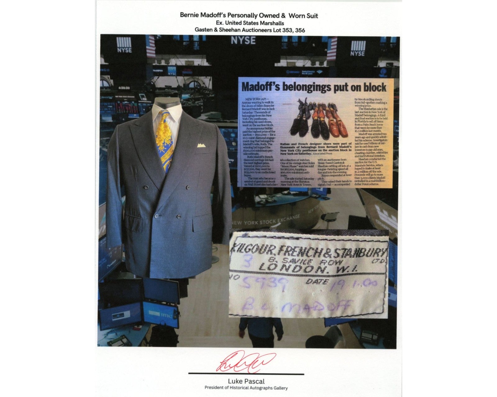Bernie Madoff Worn & Owned Suit Swatch Ex. U.S. Marshalls Auction