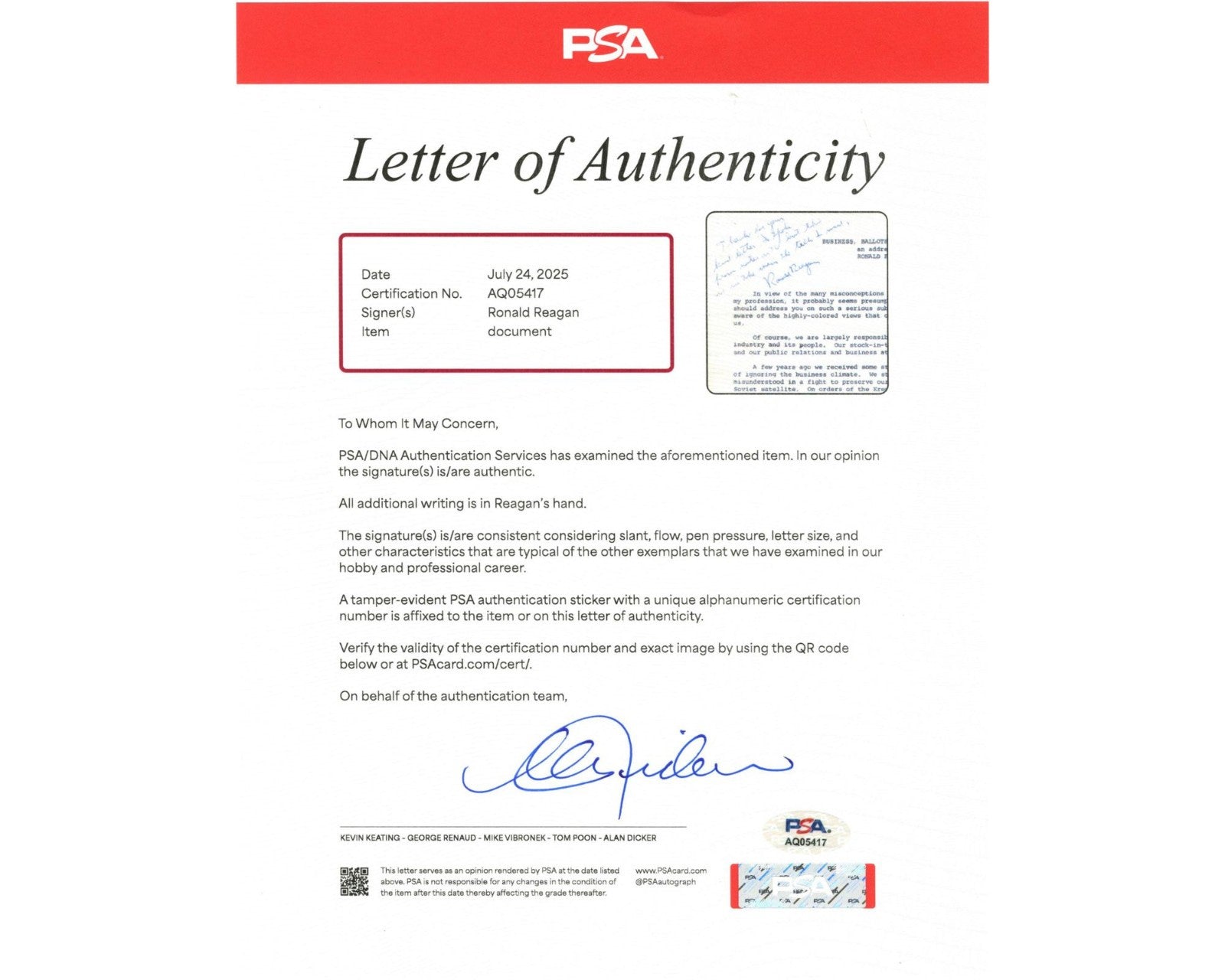 President RONALD REAGAN Signed Doc. on Entertainments Role to "Resist Communism"