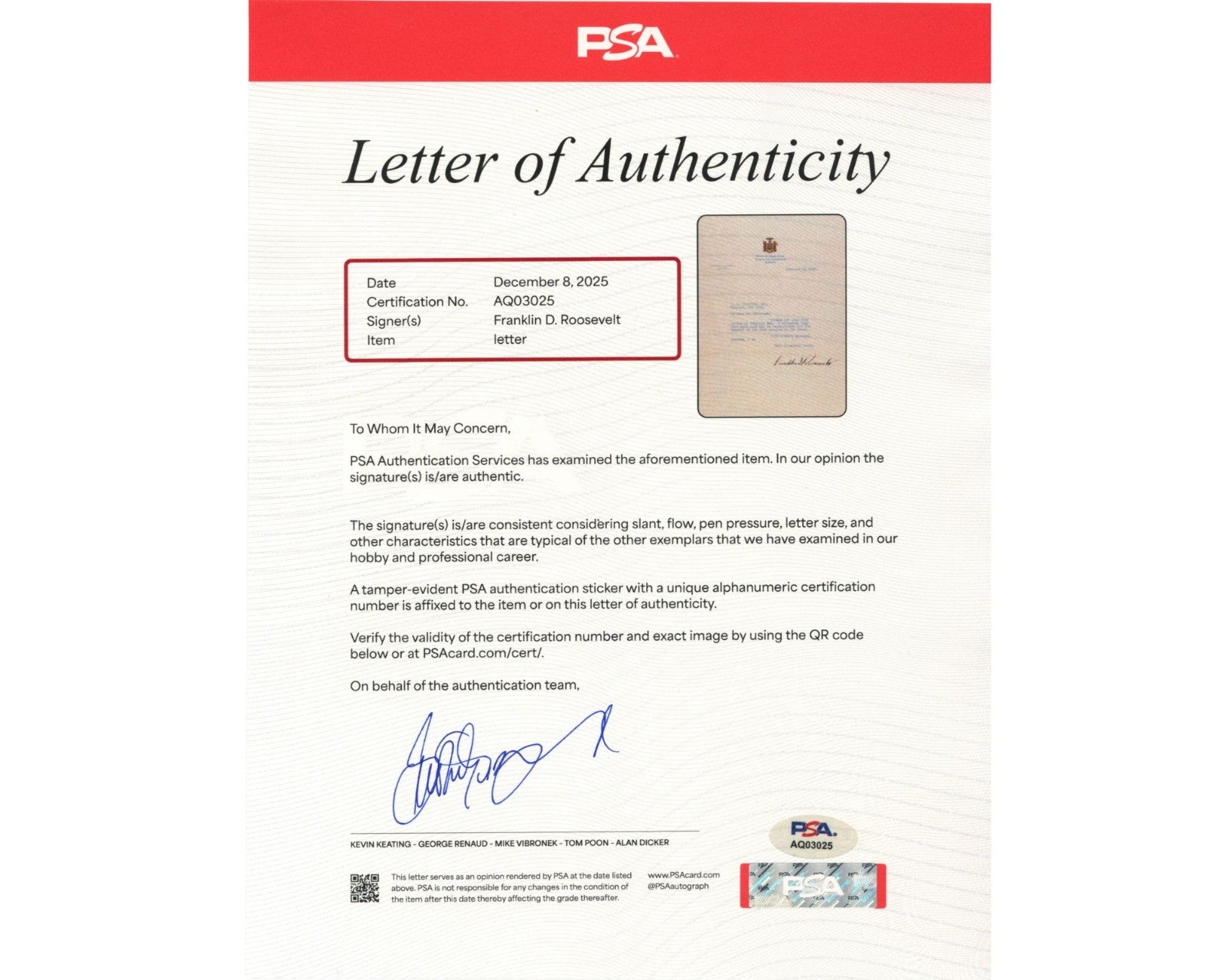 President Franklin D. Roosevelt Signed Letter as Governor of NY PSA Auto