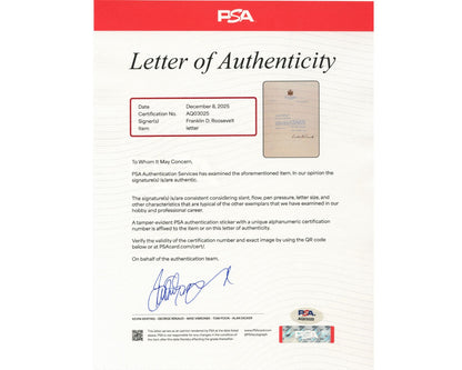 President Franklin D. Roosevelt Signed Letter as Governor of NY PSA Auto