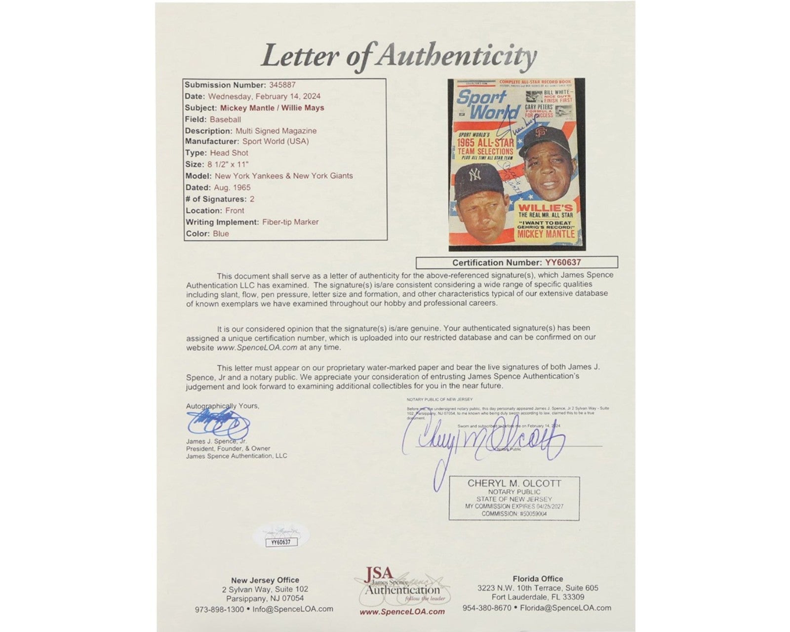 MLB Icons Mickey Mantle & Willie Mays Signed '65 Sports World Magazine - JSA