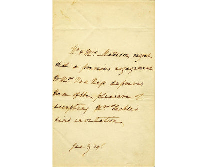 First Lady Dolley Madison Rare Signed Note Declining Invite! PSA/DNA Auto