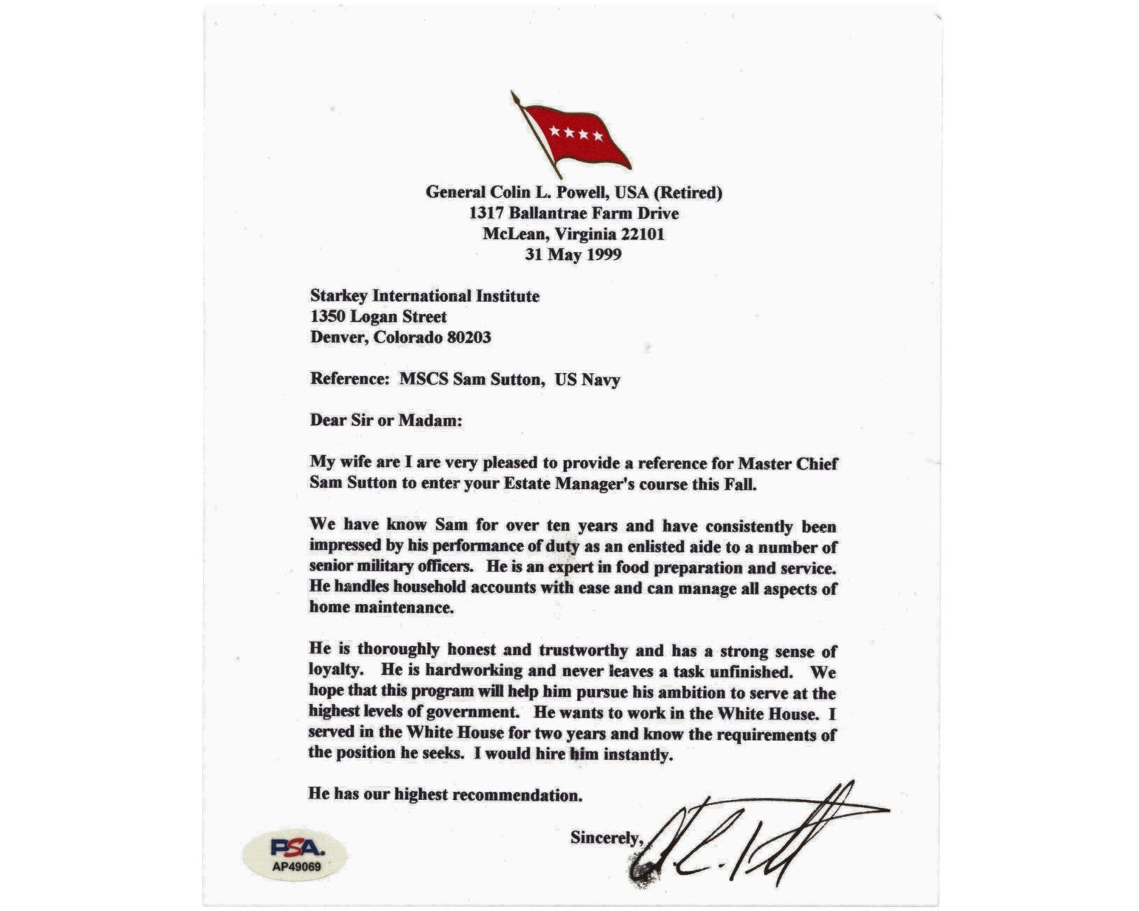 Secretary of State Colin Powell Signed Letter on Rec. for Former W.H. Valet PSA