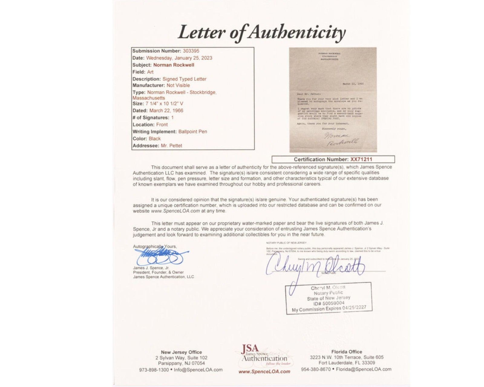 Norman Rockwell Signed Typed Letter "no prints of my paintings available"  JSA!